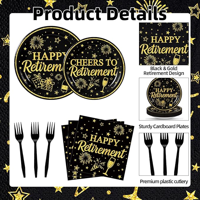 100 Pcs Happy Retirement Tableware Party Supplies Set, Serves 25 – Disposable Black and Gold Paper Plates, Napkins, and Forks, Cheers to Retirement Dinnerware Party Decorations