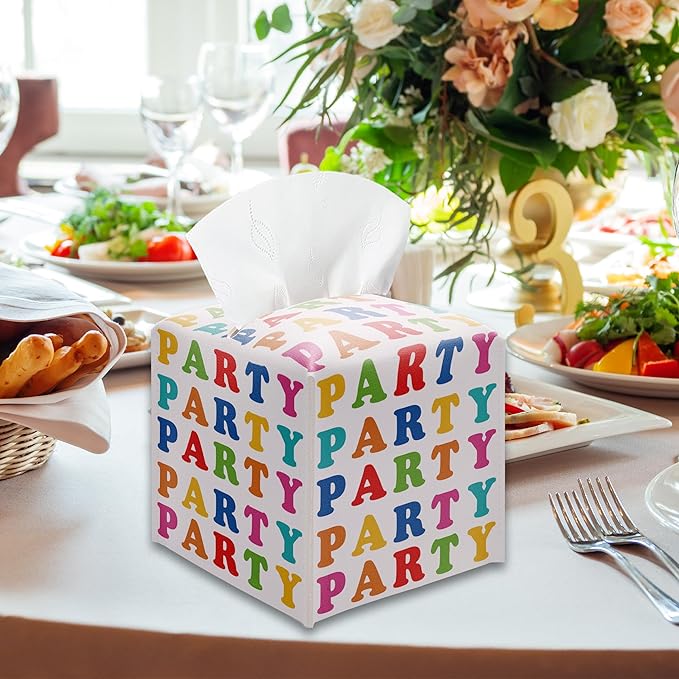 Colorful Party Tissue Box Cover – PU Leather Square Party Decor with Belt Bottom, Ideal Table Centerpiece & Party Favor for Birthday, Bridal Shower & Celebrations Decorations
