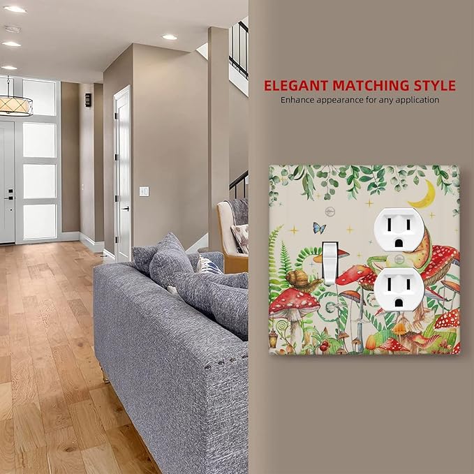Wallplates Boho Mushrooms Frogs Butterflies Flowers Moon Stars 1 Toggle 1 Duplex Switch Plate Electrical GFCI Faceplate Decorative Light Switch Covers for Kids room Bedroom Decor