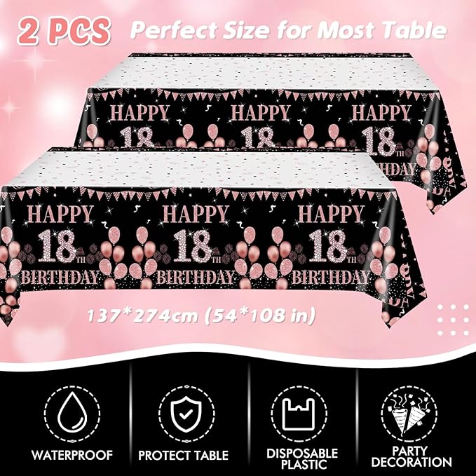 62Pcs 18th Birthday Decorations for Girls Her, Rose Gold Birthday Party Supplies Include 20 7''Plates 20 9'' Plates 20 Napkins and 2 Tablecloth, Rose Gold Princess Party Tableware for 20 Guests