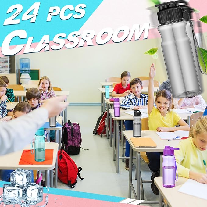 Ziliny 24 Pcs 17 oz Plastic Water Bottles Bulk Large Reusable Leak Proof Flip Top Sports Gym Water Bottles with Handle Strap for Kids and Adults for Summer School Travel