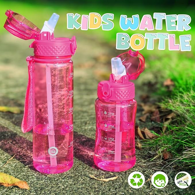 OLDLEY 12oz Kids Motivational Water Bottle with Silicone Straw, Leak-Proof Tritan BPA-Free, Reusable for School Girls & Boys, Eggplant