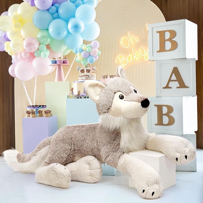 MaoGoLan Large Wolf Stuffed Animal for Boy, Giant Wolf Plush Toy for Girl, Stuffy Coyote for Kid, Realistic Stuffed Coyote Plush Pillow for Birthday Easter Gifts Baby Shower Party Decor, 47 inches