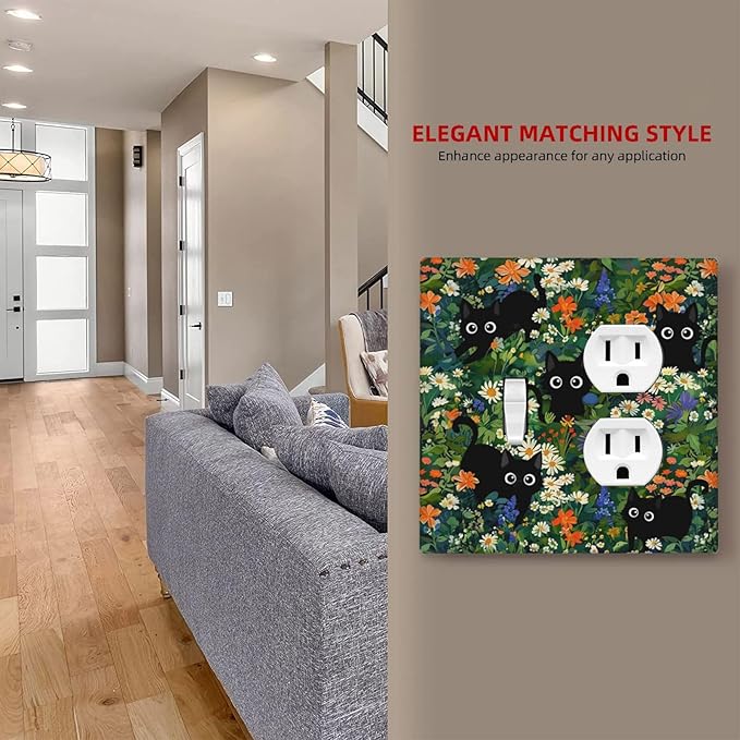 Funny Boho Cute Black Pets Cats Paw 2-Gang 1-Toggle 1-Duplex Device Combination Wallplate Cool Lovely Kawaii Cartoon Kittens One Toggle Switch and One Duplex Receptacle Outlet Combo Light Switch Cover