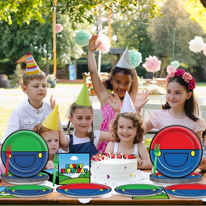96 Pcs Super Theme Brother Birthday Party Plates and Napkins Brothers Theme Decorations Gamer Birthday Supplies Super Video Games Paper Dessert Plates Tableware Set for Kids Baby Shower 24 Guests