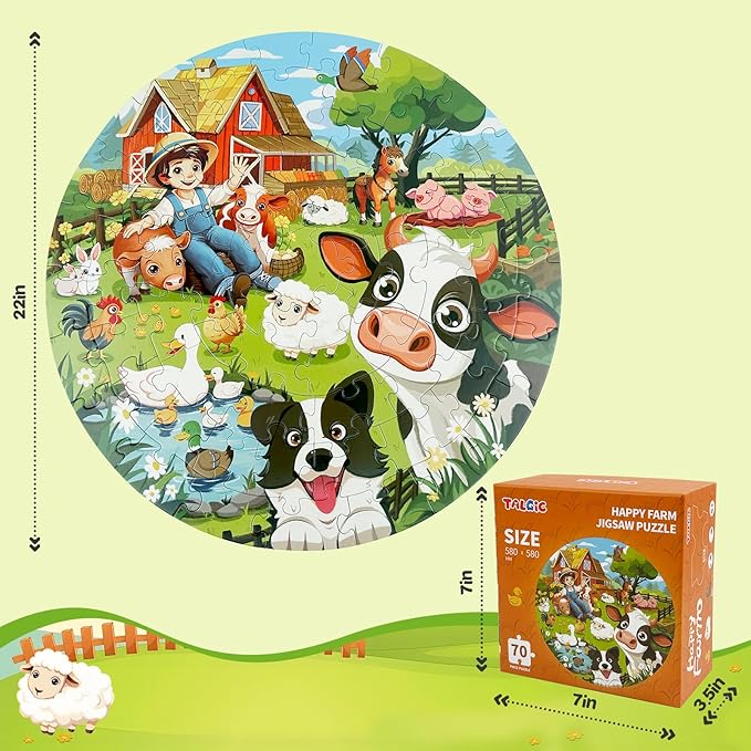 TALGIC Puzzles for Kids Ages 4-6, 70 Piece Round Floor Puzzles for Kids Ages 3-5 with Animals & Barn, Popular Educational Toys & Gift for 3 4 5 6 7 8 9 10