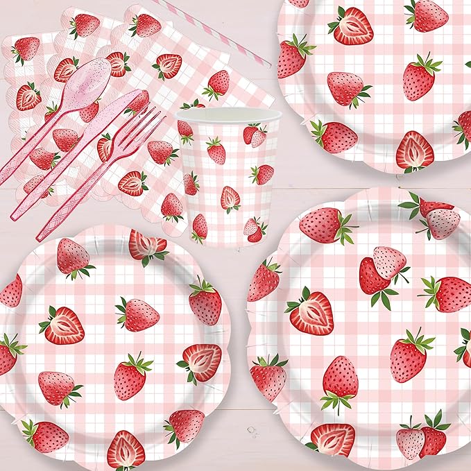 192pcs Strawberry Birthday Party Decorations Plates Napkins Disposable Paper Cups Straws Strawberry Tableware Set Party Supplies for Girls Kids Birthday Decor Serve 24 Guests