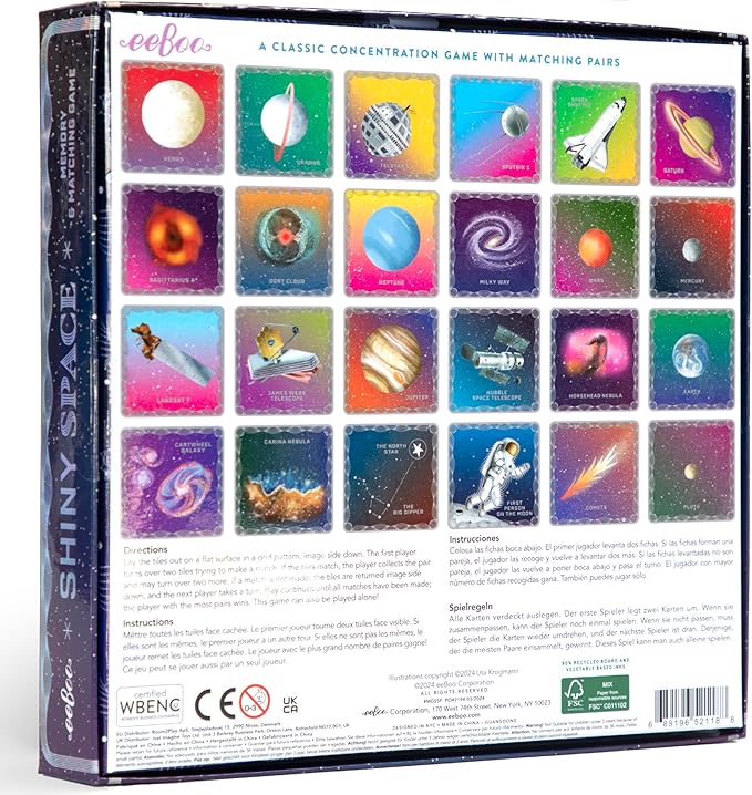 eeBoo: Memory & Matching Game- Shiny Space, 24 Pairs to Match & Memorize, Colorful Tiles, Encourages Recognition & Concentration Skills, Kids 5+
