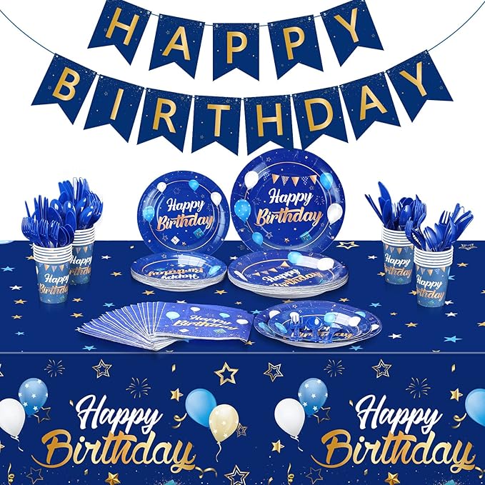 Pajean Blue Happy Birthday Party Tableware Set Birthday Decoration Banner and Tablecloths Decoration Plates Cups Napkins Dinnerware for 24 Guests Party Supplies(Blue and Gold)