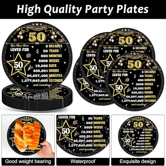 CHUNNIN 50Pcs 50th Birthday Plates and Napkins Back in 1976 Party Decorations Black Gold 50 Year Old Party Dessert Plates 1976 Disposable Tableware for 50th Theme Men Woman Birthday Supplies