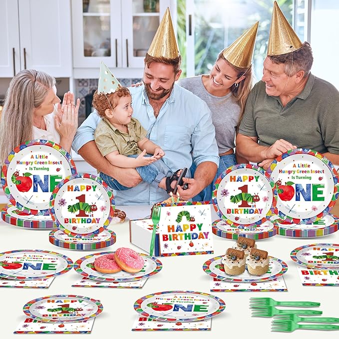 96Pcs Caterpillar 1st Birthday Party Plates and Napkins Green Caterpillar Theme Decor Very Hungry Paper Disposable Dessert Cake Plates Cartoon Insect Tableware Set for Kids Birthday 24 Guests