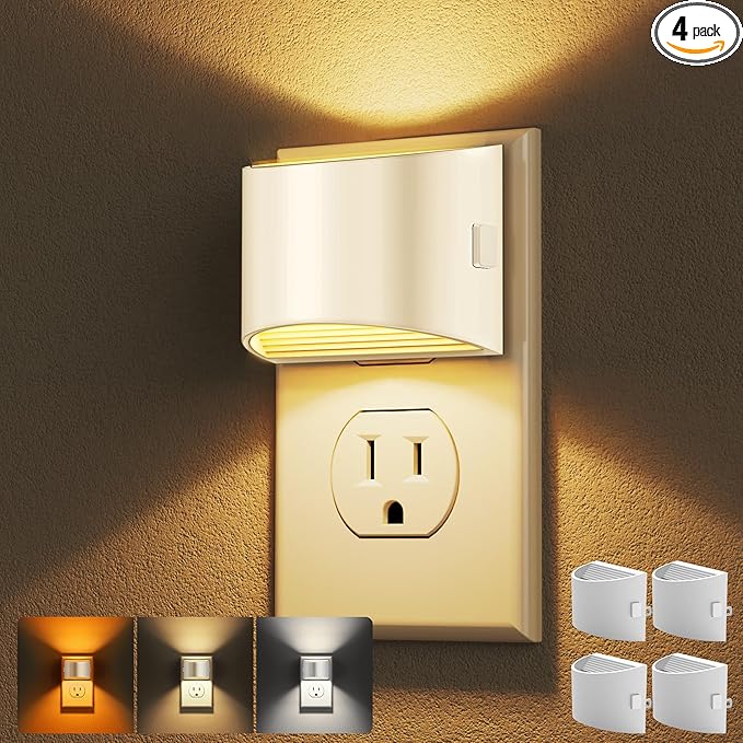 DORESshop LED Night Light[4 Pack], White Night Lights Plug into Wall, 3 Level Brightness Adjustable Plug in Night Light, Dusk to Dawn Sensor, Nightlights for Adults, Bedroom, Bathroom, Hallway, 3CCT
