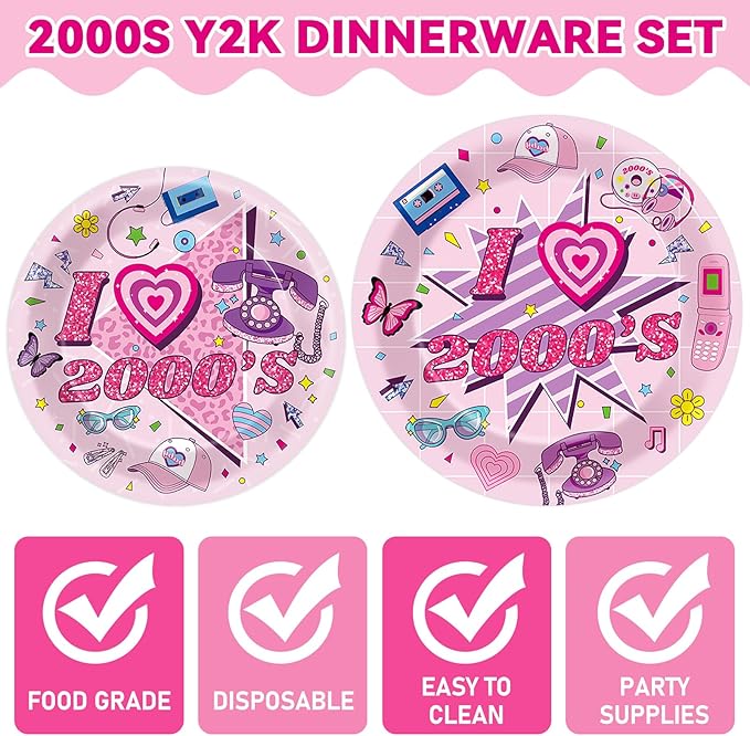 Qyeahkj 100Pcs 2000s Y2K Pink Decorations Party Supplies 90s Plates Napkins Disposable 1990s Tableware Dinnerware Birthday for 90's Kids Bachelorette Favor