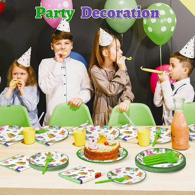 Dinosaur 1st Birthday Party Supplies - 96Pcs Watercolor One A Saurus Plates Napkins Forks Tableware Set, Dinosaur Theme Disposable Party Decoration for Boys Kids First Birthday Table Decor, Serve 24