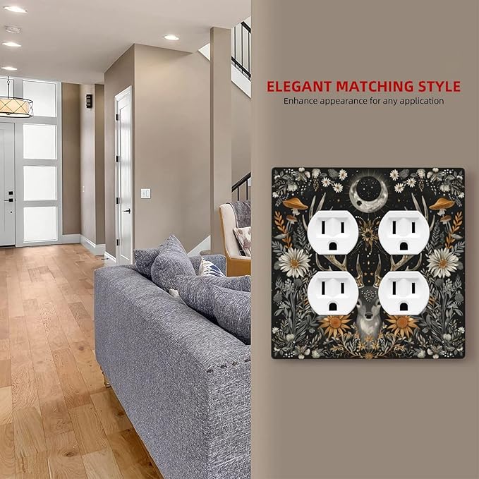 Decorative Outlet Covers Vintage Deer Flowers Moon Natural Plants Floral 2 Gang Decorative Switch Plate Double Duplex Wall Plates Switch Plates and Outlet Covers for Bathroom Bedroom Decor