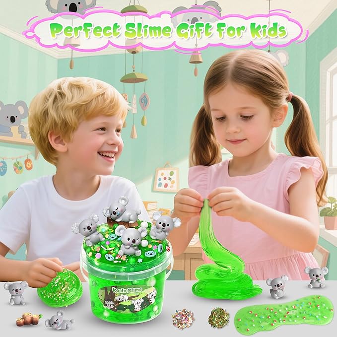 Koala Slime Kit 10oz, Vibrant Green Clear Slime Bucket for Kids Ages 8-12 with Various Add-ins, Non-Sticky & Stretchy, Slimes Party Favors Birthday, DIY Sensory Toys