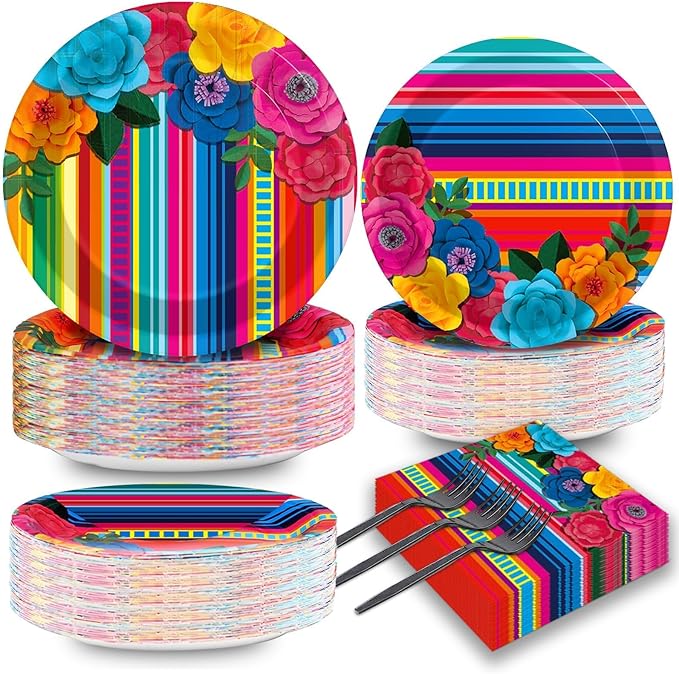 200pcs Mexican Fiesta Plates Napkins Floral Paper Tableware Set Fifth of May Serape Stripes Cake Disposable Dinnerware Pinata Mexico Taco Party Decoration for Baby Shower Birthday Supplies Serves 50