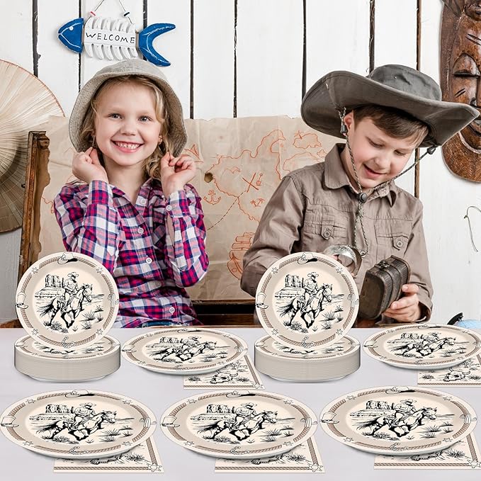 CHUNNIN 50Pcs 7in Western Party Paper Plates and Napkins Cowboy Dessert Cake Plates Rodeo Bachelor Theme Decorations Wild West Tableware Set Serves 25 Guest Cowboy Birthday Party Supplies
