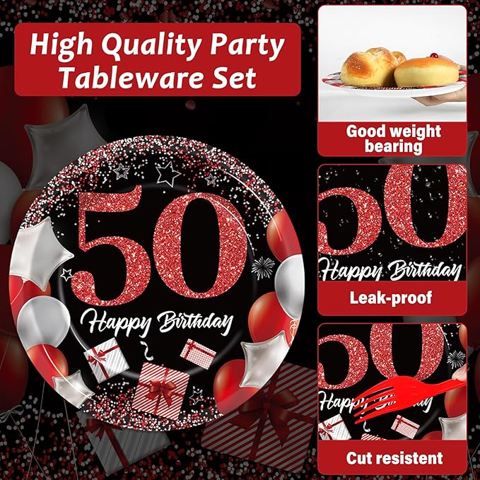 gisgfim 96 Pcs 50th Birthday Plates and Napkins Party Supplies 50 Years Old Birthday Party Tableware Set Red Black Dinner Dessert Plates 50th Birthday Decorations Favors for Man Women for 24 Guests