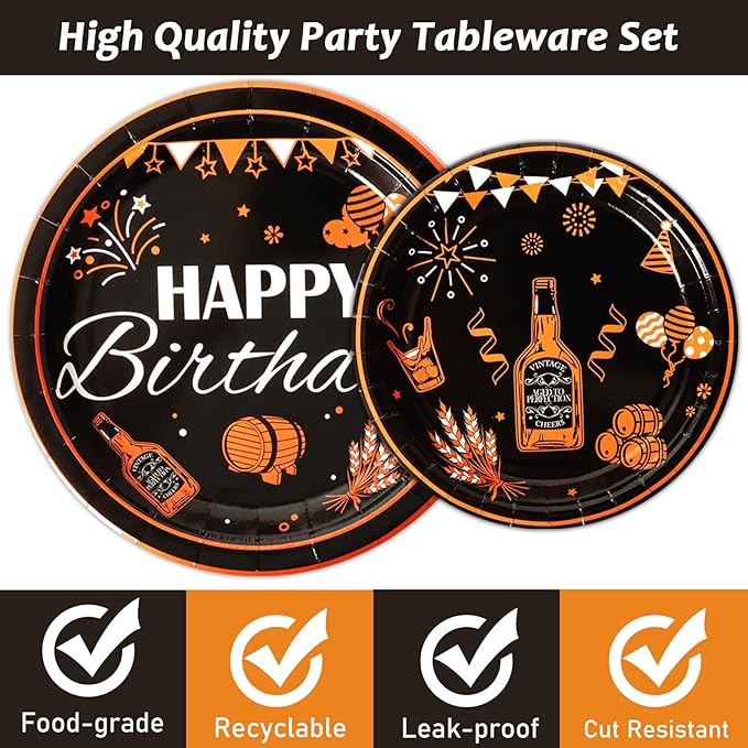 96 Pcs Black & Gold Cheer Theme Birthday Plates & Napkins - Party Supplies for 24 Guests