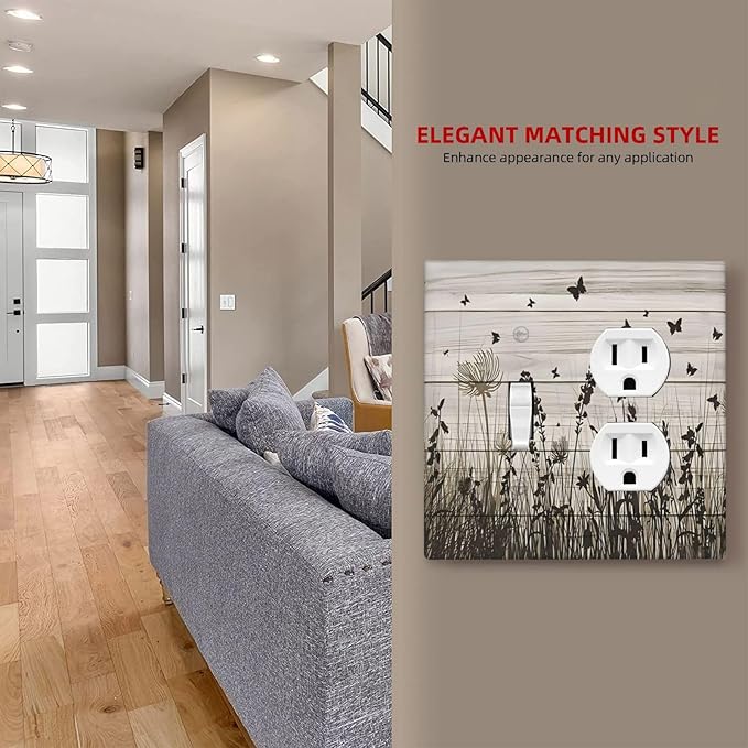 Wildflower Butterfly Grass Dandelion Vintage Wooden Print Wallplates 1 Toggle 1 Duplex Switch Plate Electrical GFCI Faceplate Decorative Light Switch Covers for Farmhouse Home Decor