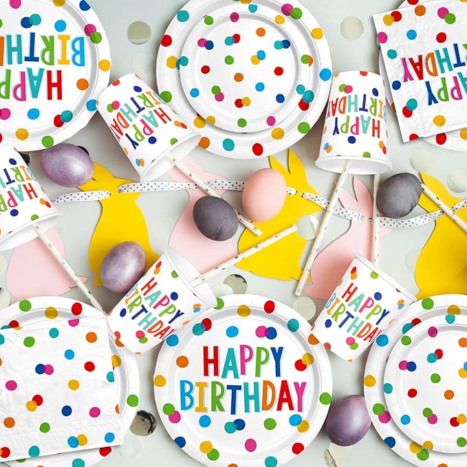 Happy Birthday Decorations: Happy Birthday Party Supplies Set with Birthday Dots Design- Includes Disposable Paper Birthday Plates and Napkins, Cups, Tablecloth, and Banner for decorations, Serves 25.