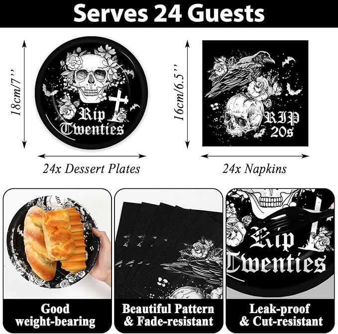 Death to My 20s Party Supplies Serves 24 Rip To My 20s Birthday Decorations Party Paper Plates Napkins 30th Birthday Disposable Tablecloth Set Tableware Kit for My Youth Funeral Party