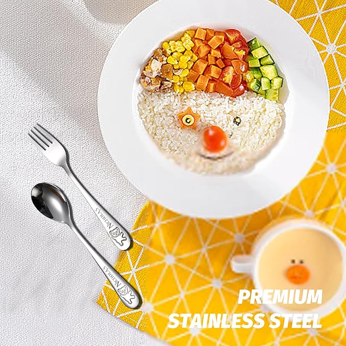 Customized Toddler 4pcs Set Tableware, BUGMKCS Personalized Kids Utensils and Toddler Supplies, 304 Stainless Steel Children Forks and Silverware with Name for Feeding, Kids Cutlery Set