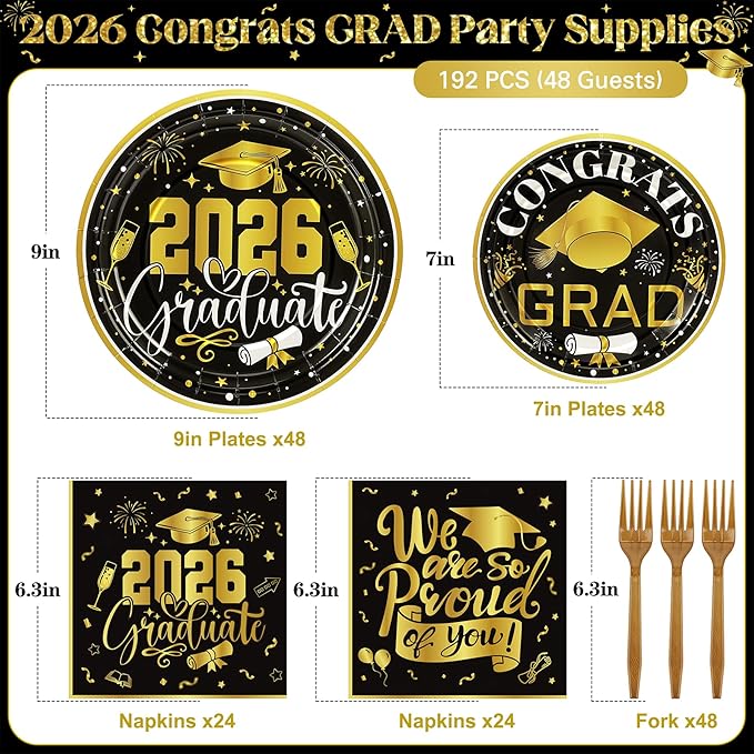 192Pcs 2026 Graduation Plates and Napkins for 48 Guests, Black and Gold Congrats Grad Party Supplies, Class of 2026 Disposable Paper Plates Napkins Set for Graduation Party Decorations
