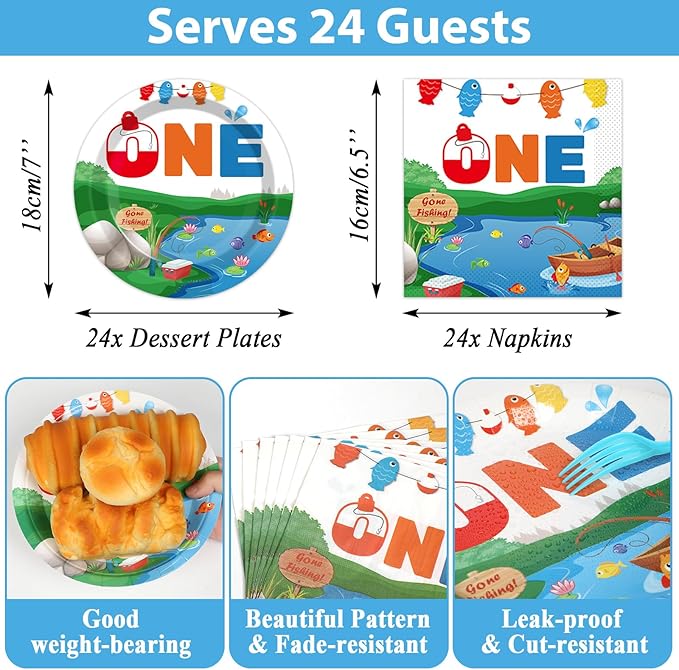 Ofishally One Birthday Party Supplies Serves 24 Gone Fishing 1st Party Paper Plates Napkins Little Fisherman Tablecloth Set Tableware Kit for Baby Shower Decorations Kids Boys Girls