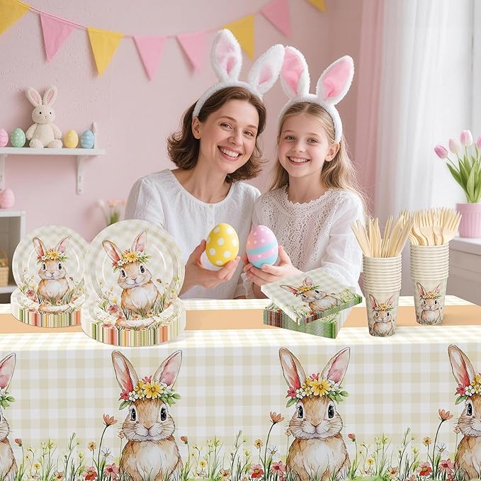 Childom Spring Party Decorations,147 Pcs Disposable Plates and Napkins Party Supplies,Bunny Dinnerware Sets with Plastic Tablecloth Knives Fork,Paper Plates Napkin Cups for Birthday Easter Decorations