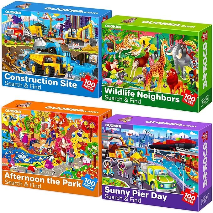 QUOKKA 100 Piece Puzzles for Kids Ages 4-6 – 4 Puzzles for Kids Ages 6-8 – Search and Find Animals and Construction Vehicles Kid Activities for 8-10 yo – Toddler Learning Toy Game Gift for Boys 5-8