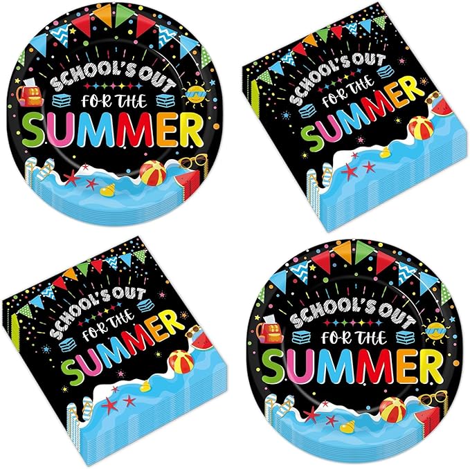 CHUNNIN 50Pcs End of School Year Paper Plates and Napkins School's Out for Summer Dessert Plates Summer Theme Party Decorations Tropical Pool Tableware Set Serves 25 Guest Beach Party Supplies
