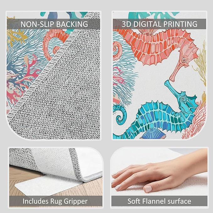 Washable Ocean Coral Seahorse Area Rugs 4×7ft Watercolor Style Non-Slip Floor Carpet for Kids Room Living Room Bedroom, Dining Room Home Office