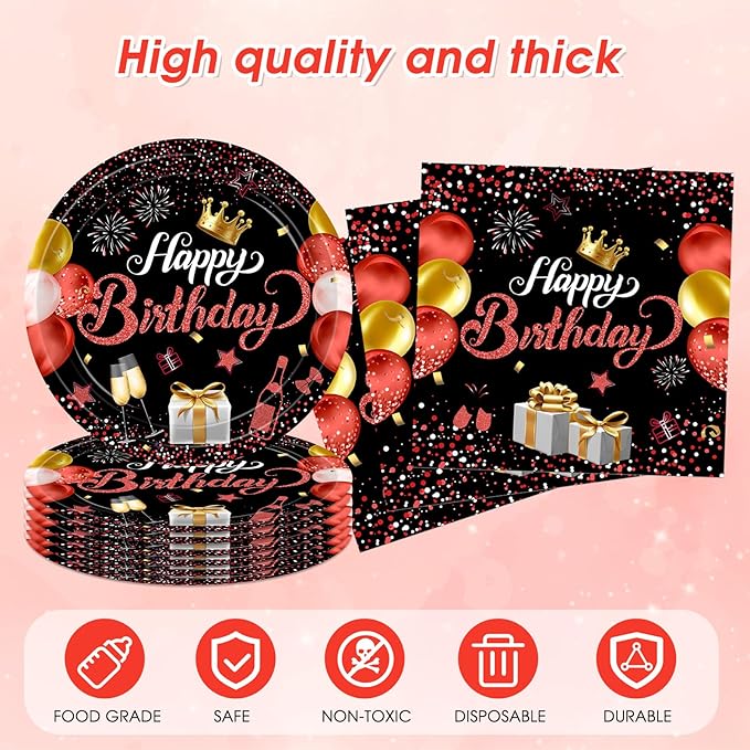 Red and Black Birthday Decorations,Disposable Party Tableware Supplies Set,Include Red Paper Plates Napkin Tablecloth,Suitable for Birthday Decoration for Men,Women,Boys and Girls,Serves 20