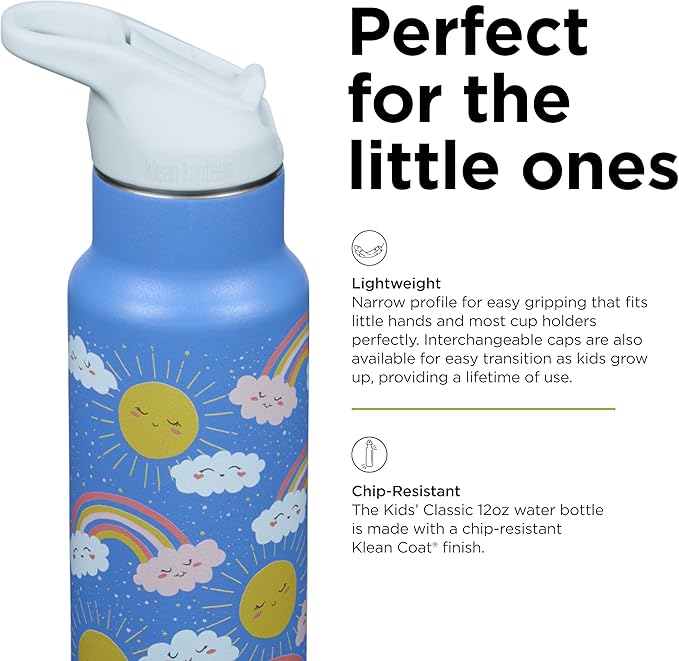 Klean Kanteen 12 oz Classic Kid's Insulated Water Bottle with Flip Seal Sport Cap - 100% Leakproof Cap - BPA-Free - Stainless Steel Material - Rainbows