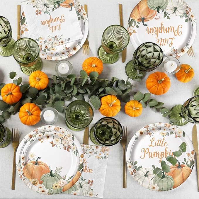 120 Pcs Little Pumpkin Baby Shower Party Decoration – Autumn Pumpkin & Floral Tableware Set with Plates, Napkins, Cups, Cutlery for Thanksgiving & Fall Baby Shower Decorations, Serves 20