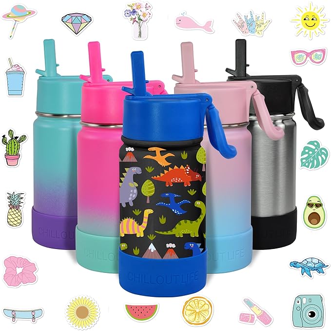 CHILLOUT LIFE 12 oz Kids Insulated Water Bottle for School with Straw Lid Leakproof and Cute Waterproof Stickers, Personalized Stainless Steel Thermos Flask Metal Water Bottle for Girls & Boys