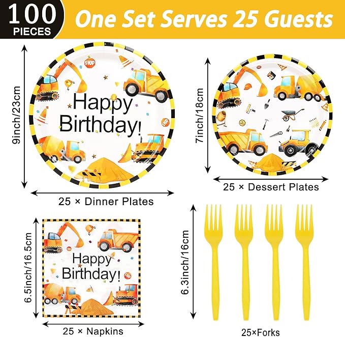 100 Pcs Construction Birthday Party Decorations, Construction Theme Plates and Napkins Forks Set, Disposable Dump Truck Tableware Set for Kids Boys Birthday Party Supplies, 25 Guests