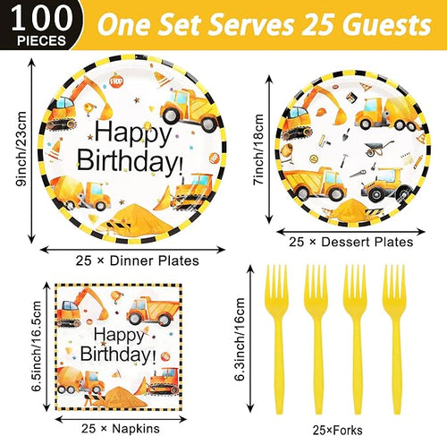 100 Pcs Construction Birthday Party Decorations, Construction Theme Plates and Napkins Forks Set, Disposable Dump Truck Tableware Set for Kids Boys Birthday Party Supplies, 25 Guests