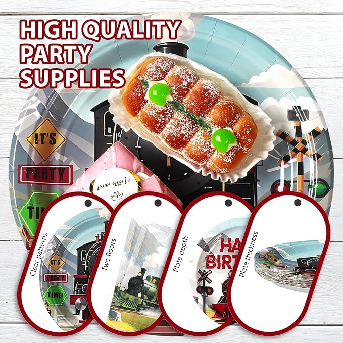 Grencian 96Pcs Train Birthday Party Decorations Vintage Steam Train Paper Plates and Napkins Retro Trains Disposable Tableware Sets for Boys Trains Themed Birthday Party Supplies Serves 24