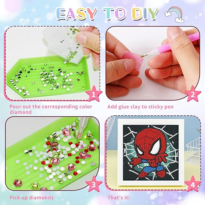 KOJEFCV Cartoon Diamond Art Painting Kits for Kids with Frame,Cartoon Diamond Art for Kids Ages 4-8-12,Easy Gem Kit Kid with Beautiful Package for Gift Home Wall Decor(7x7inch)