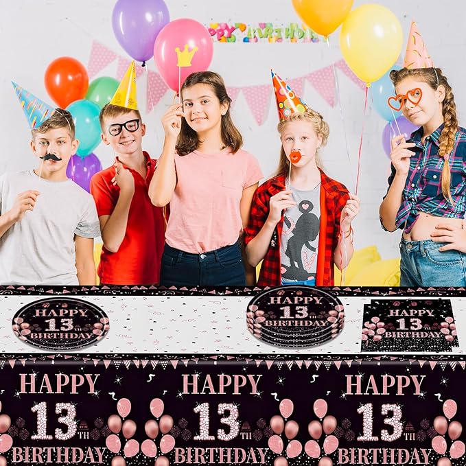 Ryzovo 41Pcs 13th Birthday Decorations for Girls Rose Gold Happy 13 Birth Party Supplies for Her Including Tablecloth,Plates,Napkins, 13 Year Old Girl Birthday Tableware for Sweet Teenager Party