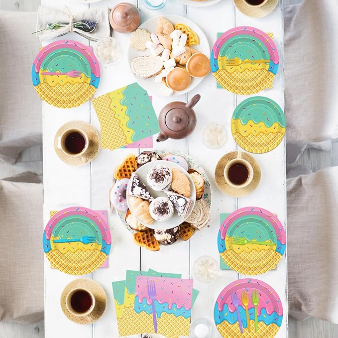 100 Pcs Ice Cream Cone Party Supplies Set, Serves 25 – Disposable Paper Plates, Napkins, and Colorful Forks, Ice Cream Themed Tableware for Kids Birthday, Summer, Sweet Shop, Dessert Party Decorations
