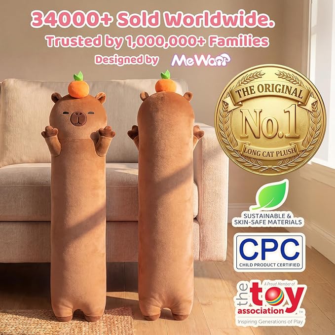 Mewaii Long Capybara Plush 5 Sizes, 120% Extra Filling Giant Plushness Kids Body Pillow, Kawaii Cute Capybara Stuffed Animals Plushies, Big Long Body Pillow Cat Plush Gift for Girls 44”