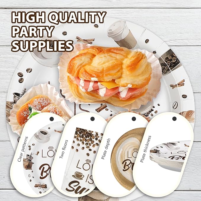 Grencian Love is Brewing Bridal Shower Decorations - 96Pcs Coffee Themed Bridal Shower Love is Brewing Plates and Napkins Disposable Tableware for Girls Wedding Engagement Party Decorations Serve 24