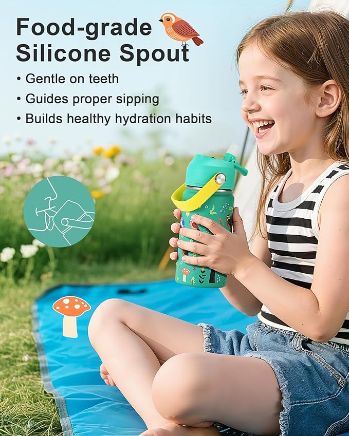 WixByti Kids Water Bottle 14oz with Silicone Straw Lid - Insulated Toddler Water Bottle Stainless Steel Keeps Cold 24H, Leak Proof & Birds Prints Design | Custom Name Tag for School, Daycare, Travel