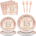 96 Pcs 13th Birthday Decoration for Girls Rose Gold 13th Birthday Plates and Napkins Party Supplies Rose Gold Pink Happy 13 Years Party Disposable Tableware Set for 24 Guests Party Decoration