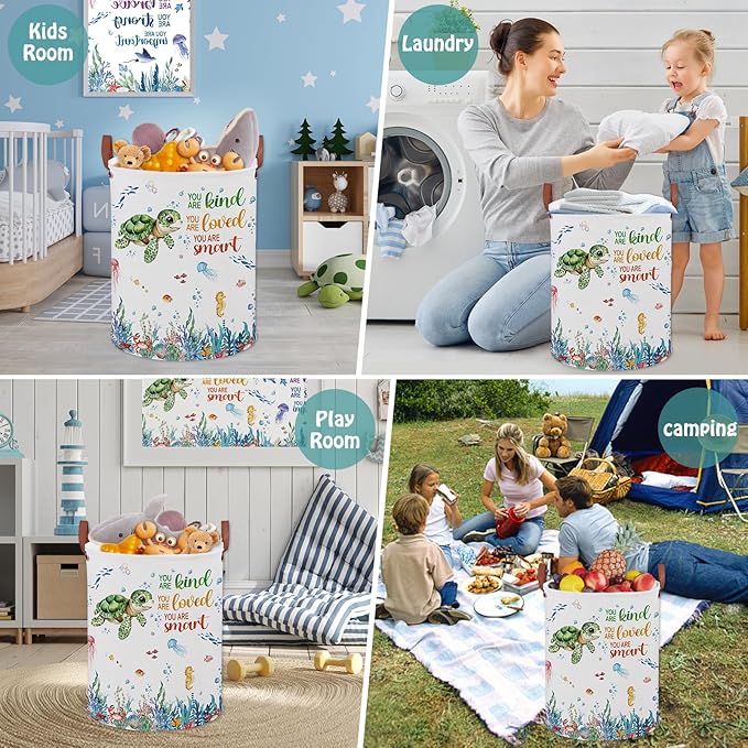 Turtle Kid Laundry Basket 45L,Ocean Themed Bedroom Decor Baby Clothes Hamper,Fish Under The Sea Nursery Decor Beach Pool Towel Storage Bin Pool Toy Box (Blue)
