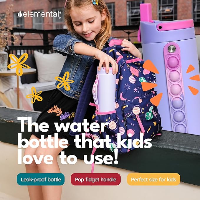 Elemental Iconic Kids Water Bottle for School - 100% Leak-Proof Insulated Water Bottles with Straw Lid & Pop-It Handle for Boys & Girls - Triple-Wall Insulated & BPA-Free, 14oz – Lilac Tie Dye